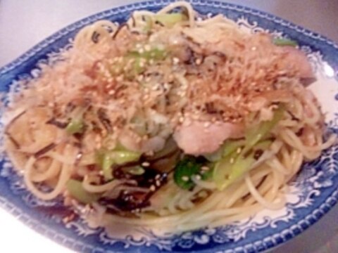 葱と鶏肉の和風パスタ☆塩昆布風味